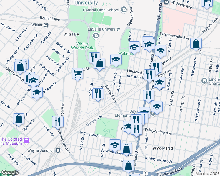 map of restaurants, bars, coffee shops, grocery stores, and more near 1734 Belfield Avenue in Philadelphia