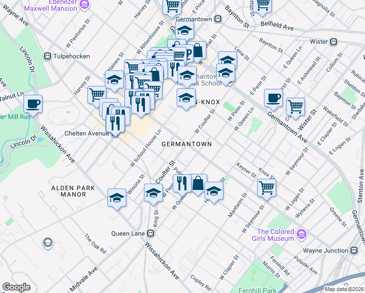map of restaurants, bars, coffee shops, grocery stores, and more near 5411 Tacoma Street in Philadelphia