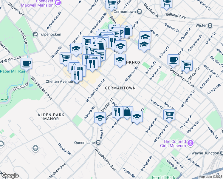map of restaurants, bars, coffee shops, grocery stores, and more near 5411 Tacoma Street in Philadelphia