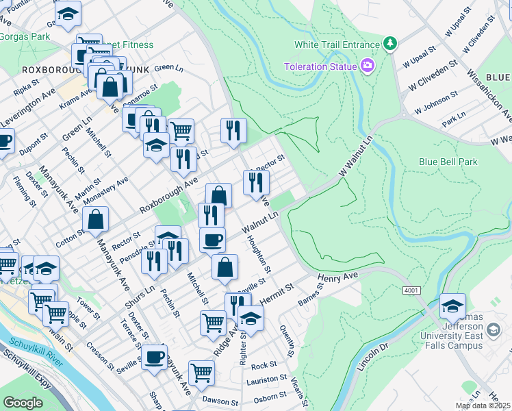 map of restaurants, bars, coffee shops, grocery stores, and more near 569 Jamestown Avenue in Philadelphia