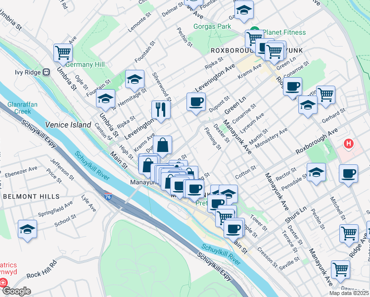 map of restaurants, bars, coffee shops, grocery stores, and more near 219 Green Lane in Philadelphia