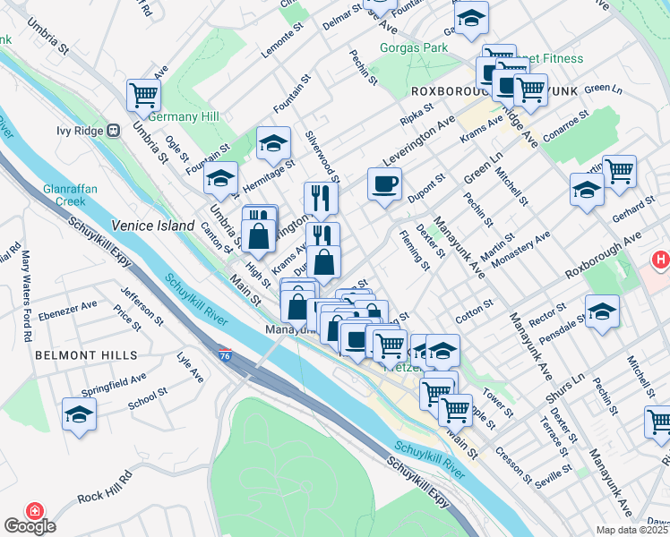 map of restaurants, bars, coffee shops, grocery stores, and more near 4515 Wilde Street in Philadelphia