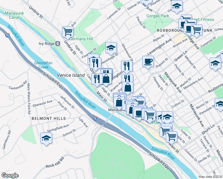 map of restaurants, bars, coffee shops, grocery stores, and more near in Philadelphia