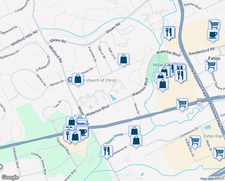 map of restaurants, bars, coffee shops, grocery stores, and more near 44-62 Atherton Drive in Exton