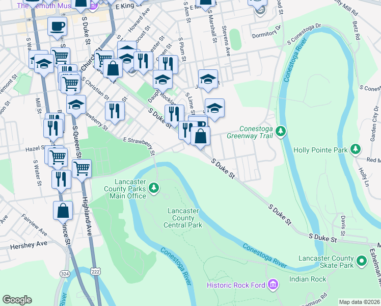map of restaurants, bars, coffee shops, grocery stores, and more near 902 South Duke Street in Lancaster