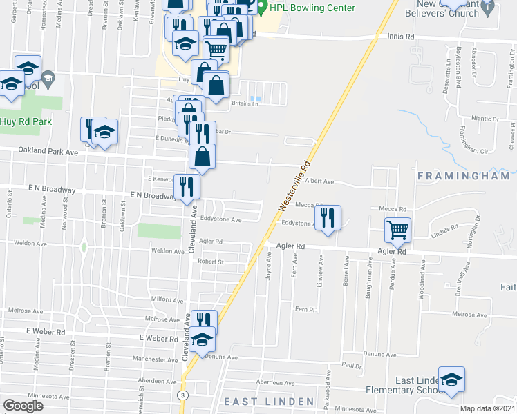 map of restaurants, bars, coffee shops, grocery stores, and more near 1951 East North Broadway in Columbus