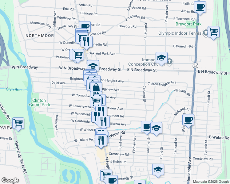 map of restaurants, bars, coffee shops, grocery stores, and more near 123 East Longview Avenue in Columbus