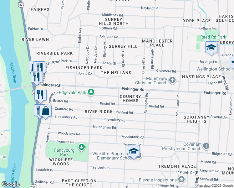 map of restaurants, bars, coffee shops, grocery stores, and more near 2432 Edgevale Road in Columbus