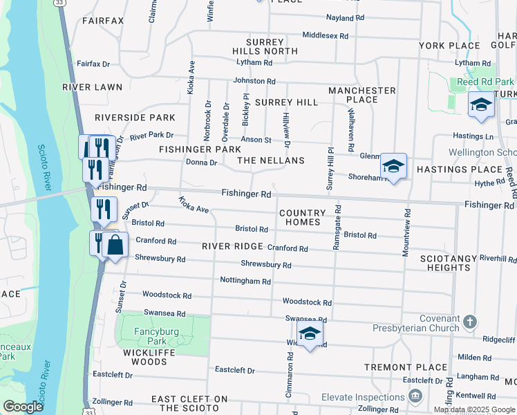 map of restaurants, bars, coffee shops, grocery stores, and more near 2484 Edgevale Road in Columbus