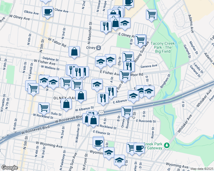 map of restaurants, bars, coffee shops, grocery stores, and more near 145 East Duncannon Avenue in Philadelphia