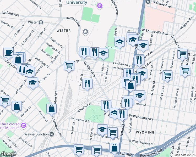 map of restaurants, bars, coffee shops, grocery stores, and more near 1734 Belfield Avenue in Philadelphia