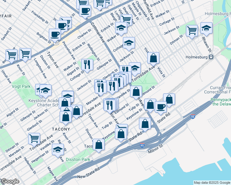 map of restaurants, bars, coffee shops, grocery stores, and more near 7150 Torresdale Avenue in Philadelphia