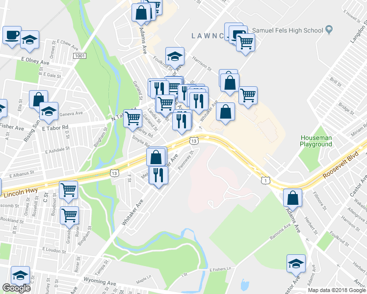 map of restaurants, bars, coffee shops, grocery stores, and more near 4201 East Roosevelt Boulevard in Philadelphia