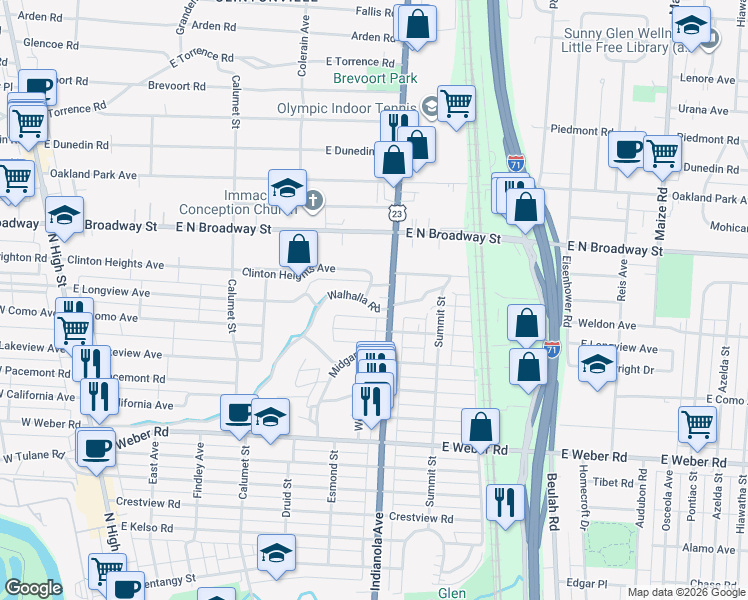 map of restaurants, bars, coffee shops, grocery stores, and more near 470 Walhalla Road in Columbus