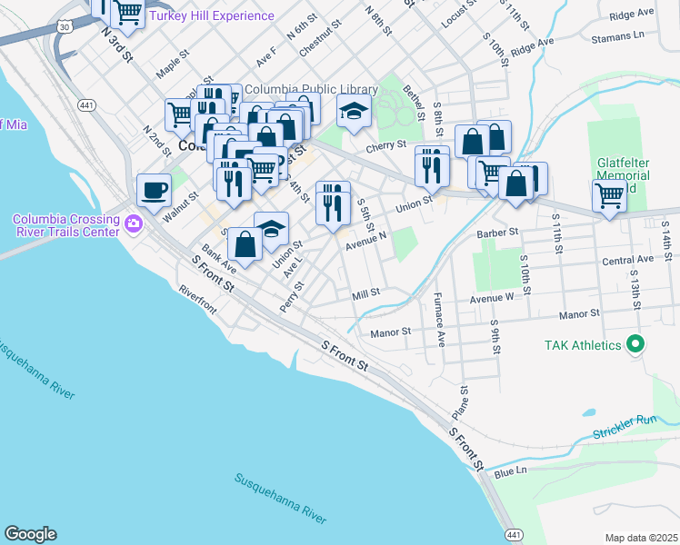 map of restaurants, bars, coffee shops, grocery stores, and more near 258 South 4th Street in Columbia