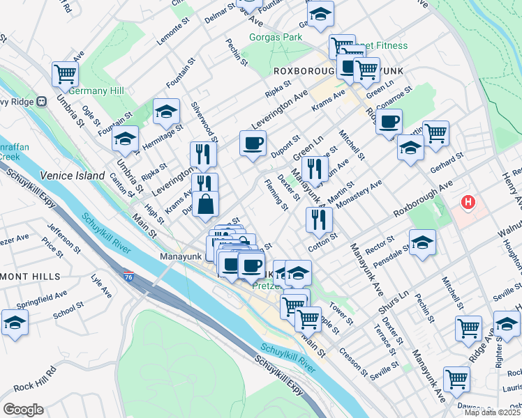 map of restaurants, bars, coffee shops, grocery stores, and more near 327 Carson Street in Philadelphia