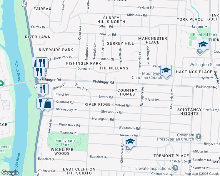 map of restaurants, bars, coffee shops, grocery stores, and more near 2484 Edgevale Road in Columbus