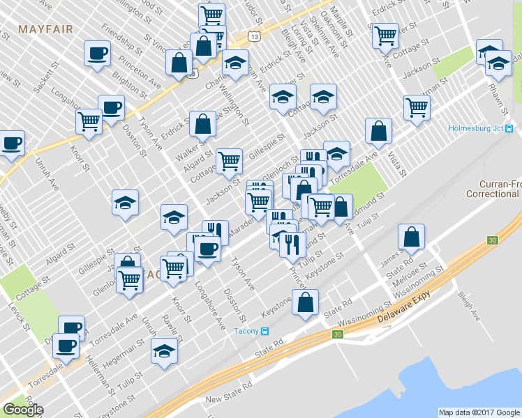 map of restaurants, bars, coffee shops, grocery stores, and more near 7108 Marsden Street in Philadelphia
