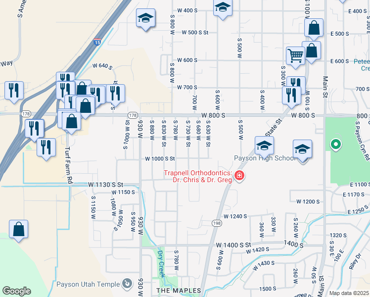 map of restaurants, bars, coffee shops, grocery stores, and more near 950 South 730 West Street in Payson