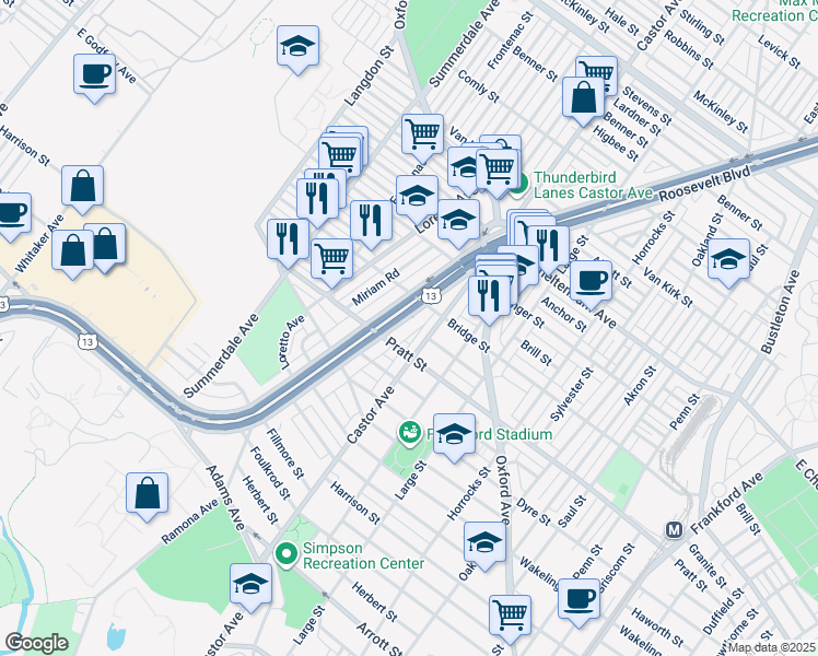 map of restaurants, bars, coffee shops, grocery stores, and more near 5233 East Roosevelt Boulevard in Philadelphia