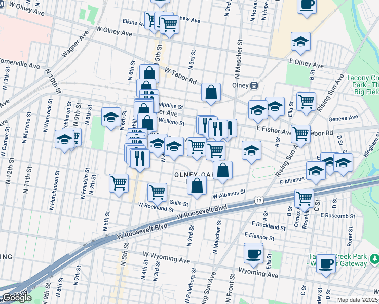 map of restaurants, bars, coffee shops, grocery stores, and more near 244 Rubicam Street in Philadelphia