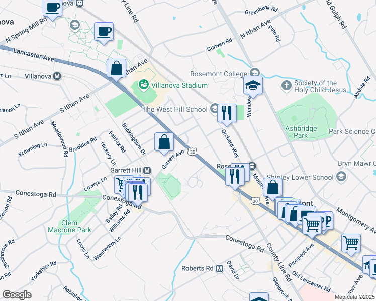 map of restaurants, bars, coffee shops, grocery stores, and more near 1030 East Lancaster Avenue in Bryn Mawr