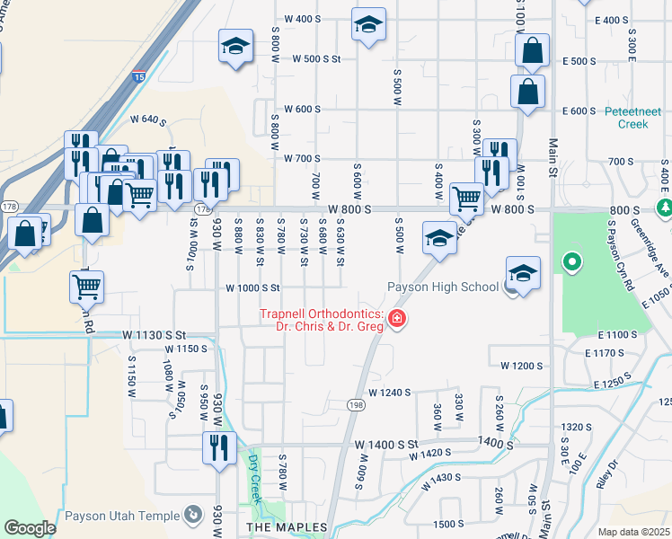 map of restaurants, bars, coffee shops, grocery stores, and more near 952 South 630 West Street in Payson