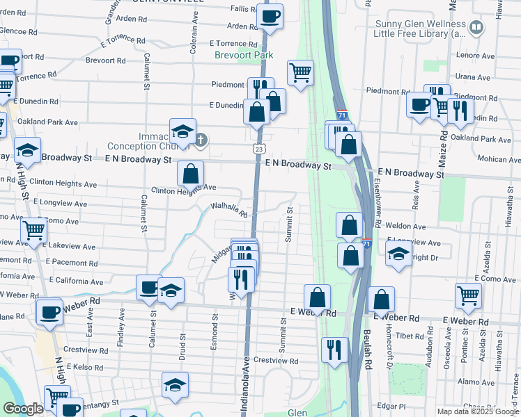 map of restaurants, bars, coffee shops, grocery stores, and more near 3200 Indianola Avenue in Columbus