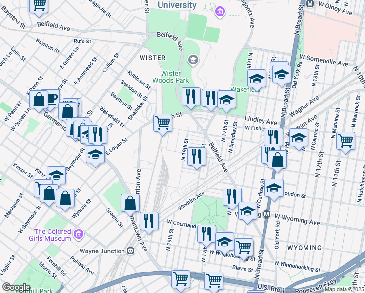 map of restaurants, bars, coffee shops, grocery stores, and more near 4914 North 19th Street in Philadelphia