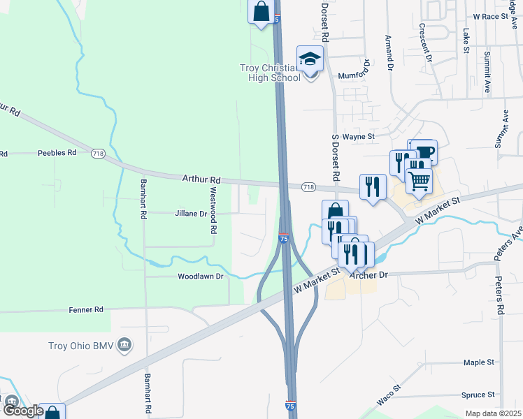 map of restaurants, bars, coffee shops, grocery stores, and more near 1739 Jillane Drive in Troy