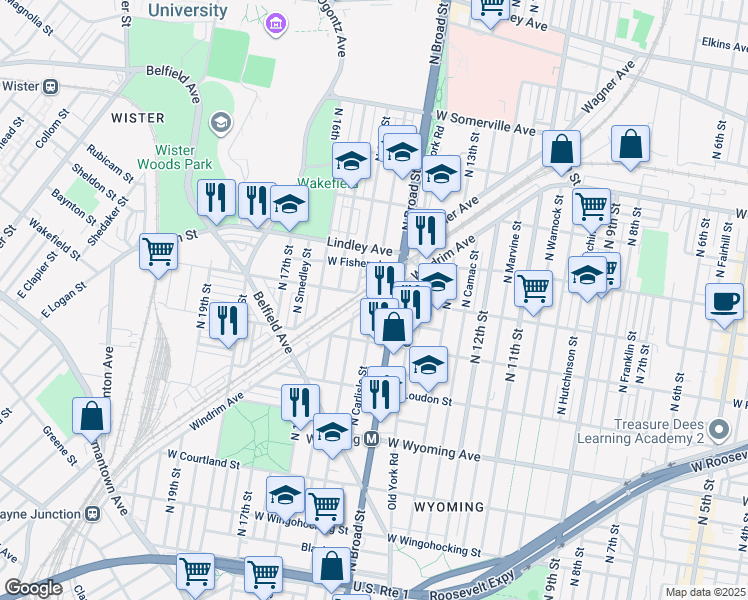 map of restaurants, bars, coffee shops, grocery stores, and more near 1428 Windrim Avenue in Philadelphia