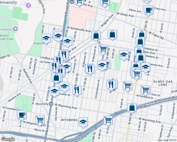 map of restaurants, bars, coffee shops, grocery stores, and more near 5015 North 11th Street in Philadelphia
