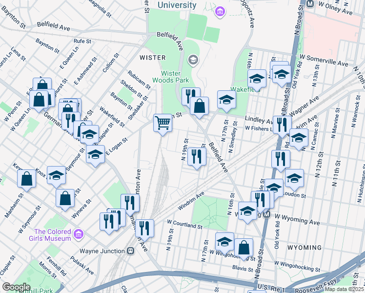 map of restaurants, bars, coffee shops, grocery stores, and more near 4914 North 19th Street in Philadelphia