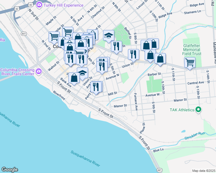 map of restaurants, bars, coffee shops, grocery stores, and more near 265 South 4th Street in Columbia