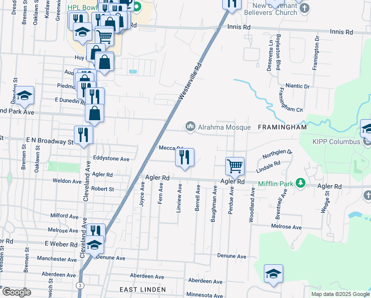 map of restaurants, bars, coffee shops, grocery stores, and more near 2113 Mecca Road in Columbus