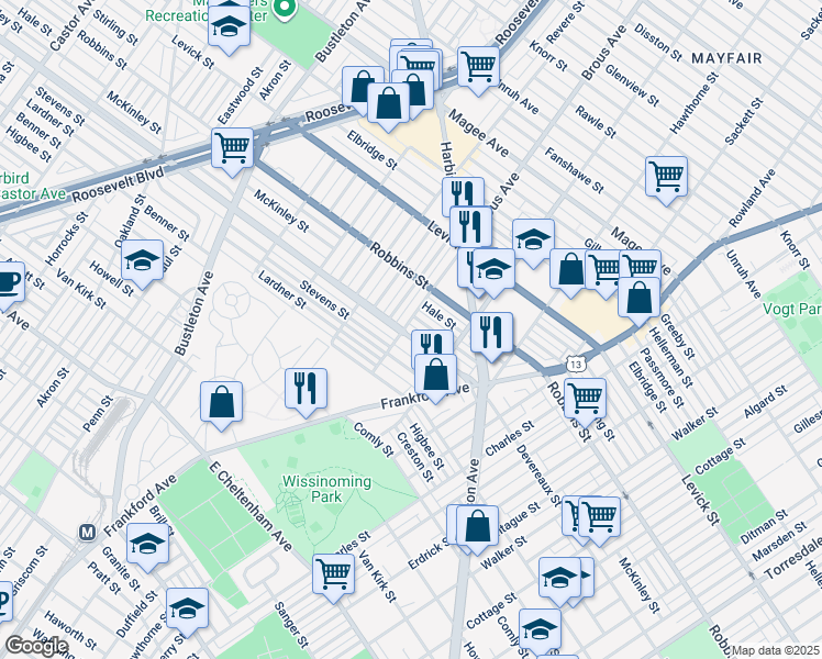 map of restaurants, bars, coffee shops, grocery stores, and more near 2903 Devereaux Avenue in Philadelphia