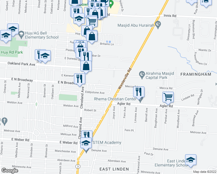 map of restaurants, bars, coffee shops, grocery stores, and more near 1951 East North Broadway in Columbus
