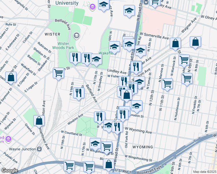 map of restaurants, bars, coffee shops, grocery stores, and more near 4923 North 16th Street in Philadelphia