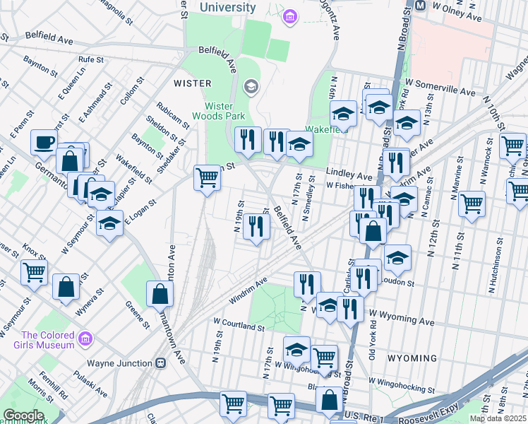 map of restaurants, bars, coffee shops, grocery stores, and more near 1801 Sulis St in Philadelphia