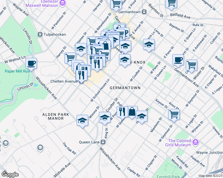 map of restaurants, bars, coffee shops, grocery stores, and more near 243 Winona Street in Philadelphia