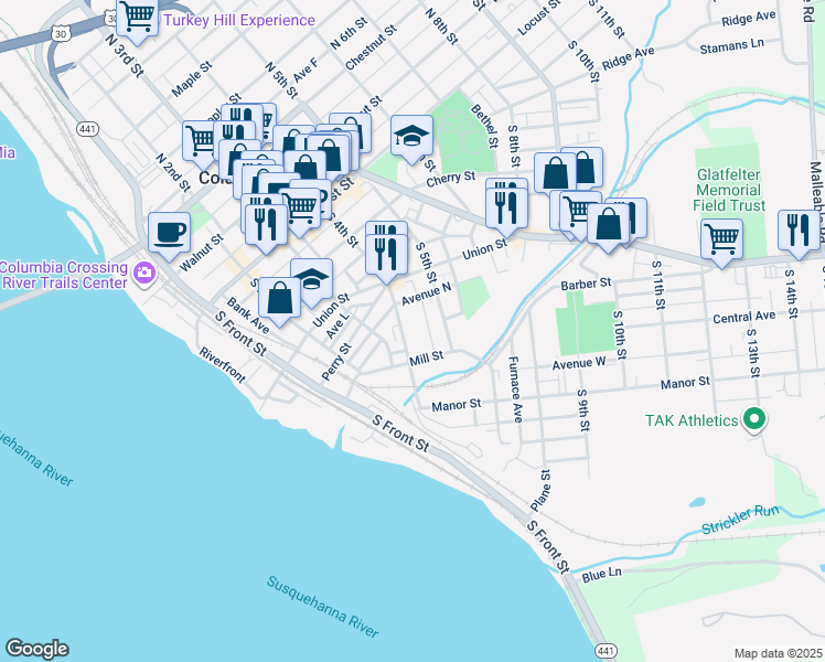 map of restaurants, bars, coffee shops, grocery stores, and more near 265 South 4th Street in Columbia