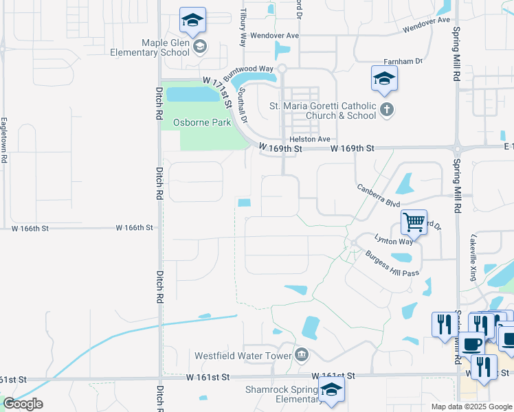 map of restaurants, bars, coffee shops, grocery stores, and more near 16700 Workington Way in Westfield