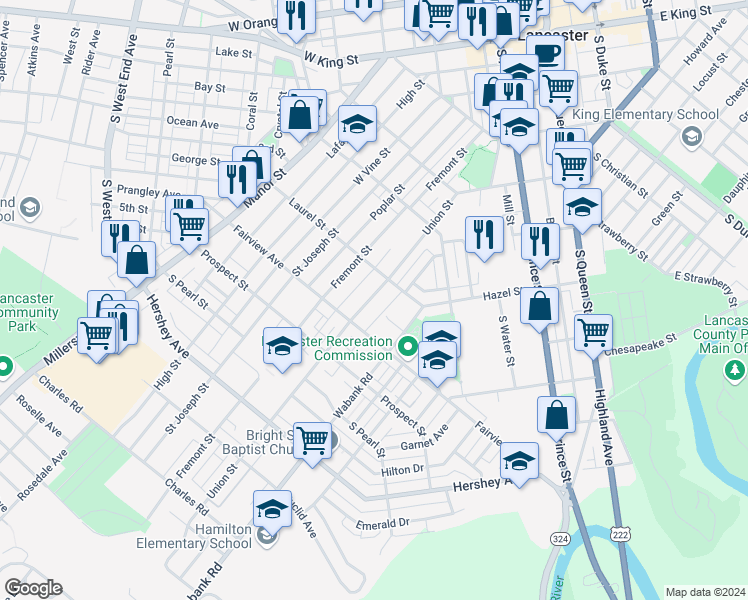 map of restaurants, bars, coffee shops, grocery stores, and more near 730 Union Street in Lancaster