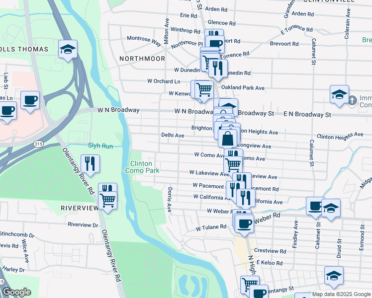 map of restaurants, bars, coffee shops, grocery stores, and more near 132 West Como Avenue in Columbus