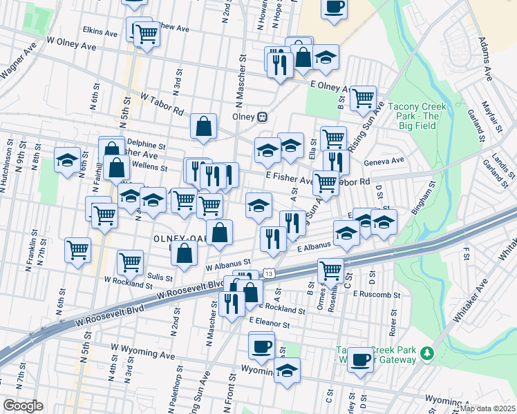 map of restaurants, bars, coffee shops, grocery stores, and more near 100 West Duncannon Avenue in Philadelphia