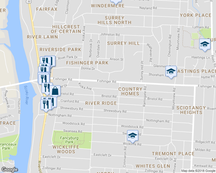 map of restaurants, bars, coffee shops, grocery stores, and more near 2484 Edgevale Road in Columbus