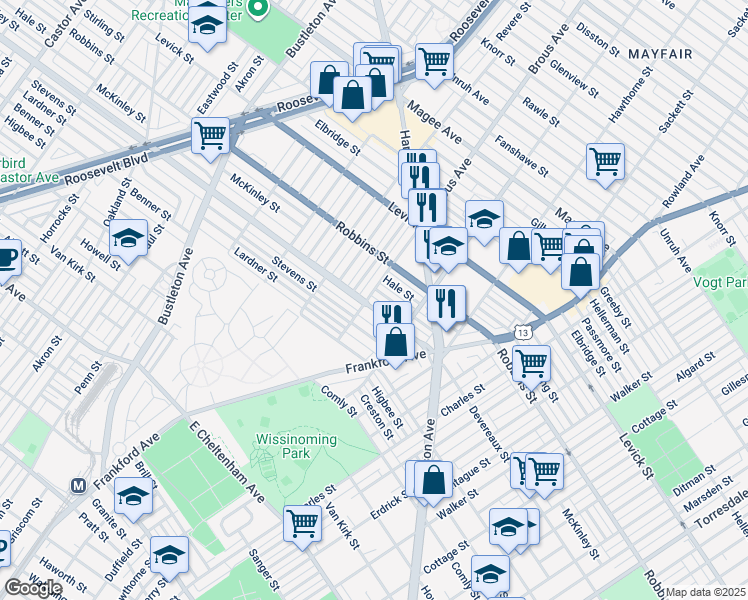 map of restaurants, bars, coffee shops, grocery stores, and more near 2903 Devereaux Avenue in Philadelphia