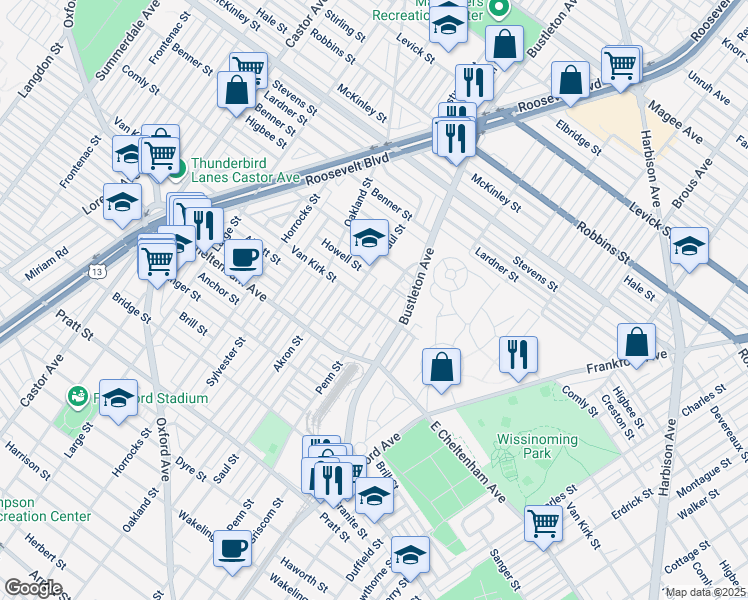 map of restaurants, bars, coffee shops, grocery stores, and more near 5902 Penn Street in Philadelphia