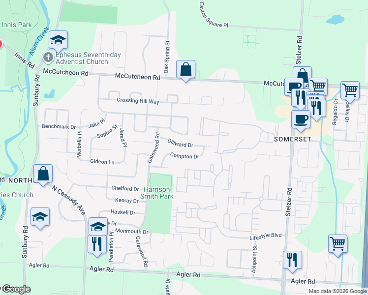 map of restaurants, bars, coffee shops, grocery stores, and more near 3417 Dillward Drive in Columbus