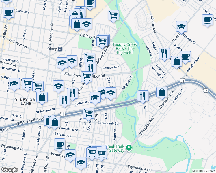 map of restaurants, bars, coffee shops, grocery stores, and more near 5200 D Street in Philadelphia